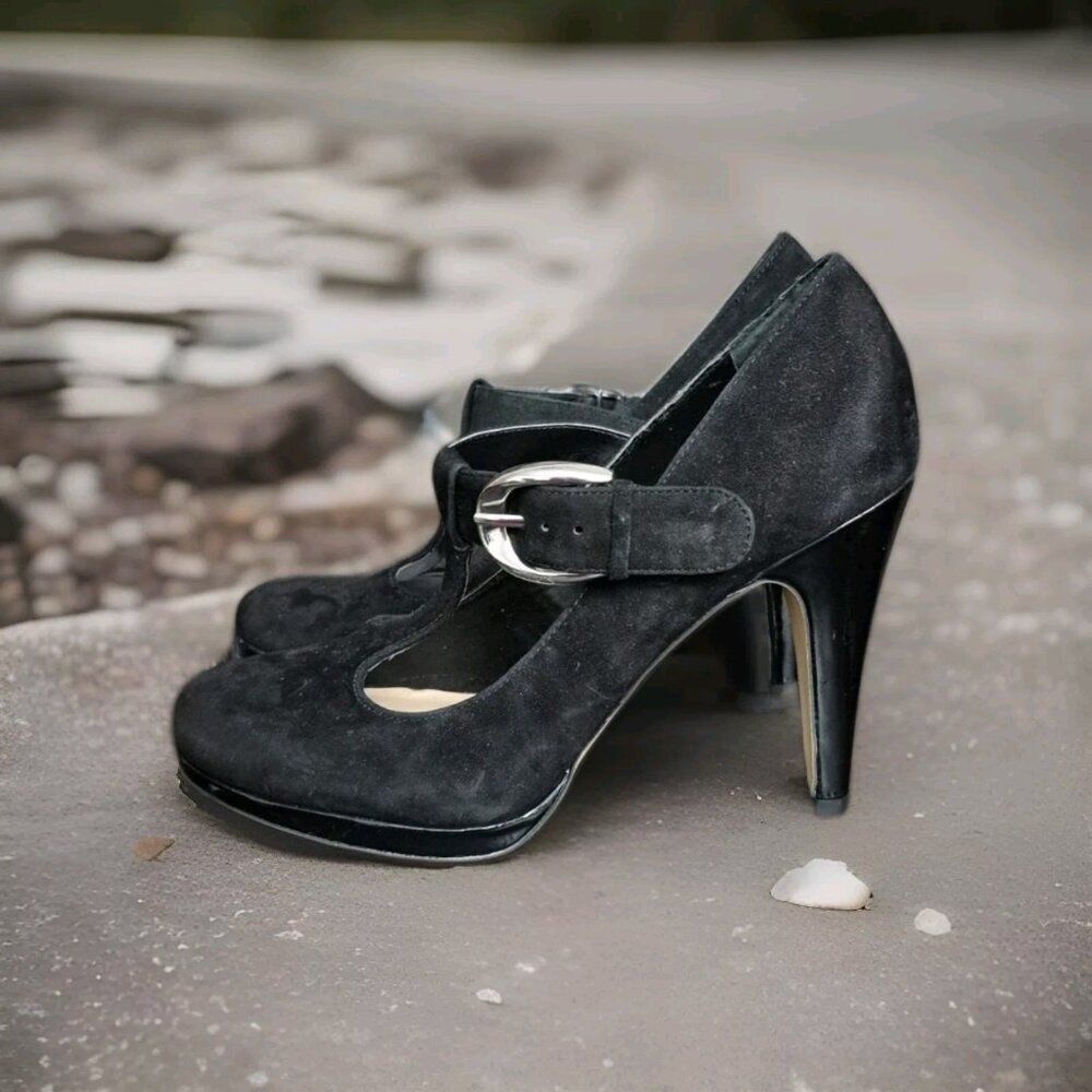 Franco Sarto Nalla Black Leather Closed Toe Buckle Heels Shoes Women's Size 6